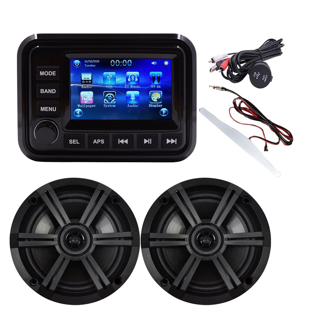 Marine Audio System Stereo Speaker Package, Blue-tooth, MP5 USB AM FM Marine Stereo - 2 X 6.5 Inch Black Speakers, Antenna