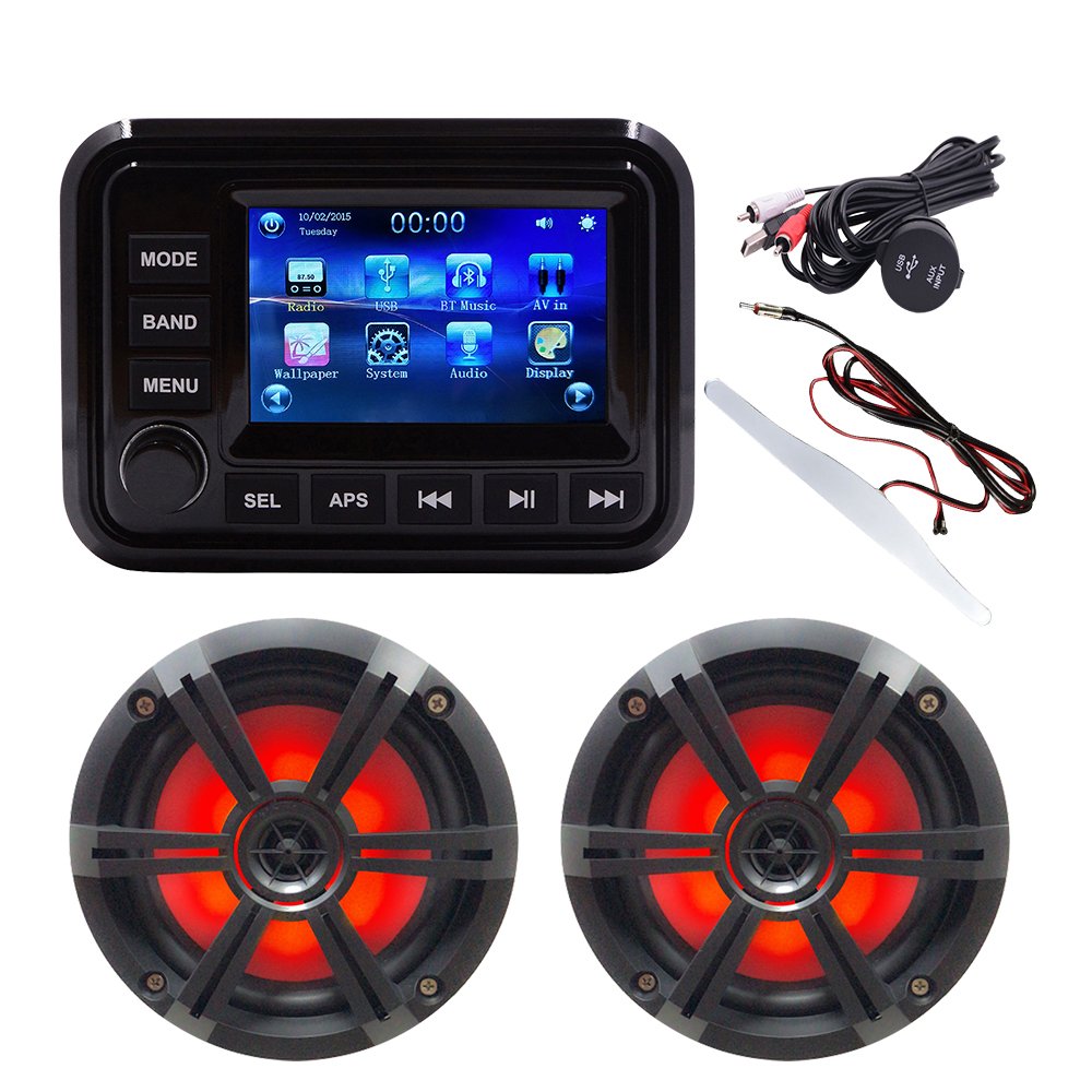 Marine Audio System Stereo Speaker Package, Blue-tooth, MP5 USB AM FM Marine Stereo - 2 X 6.5 Inch Black Speakers, Antenna