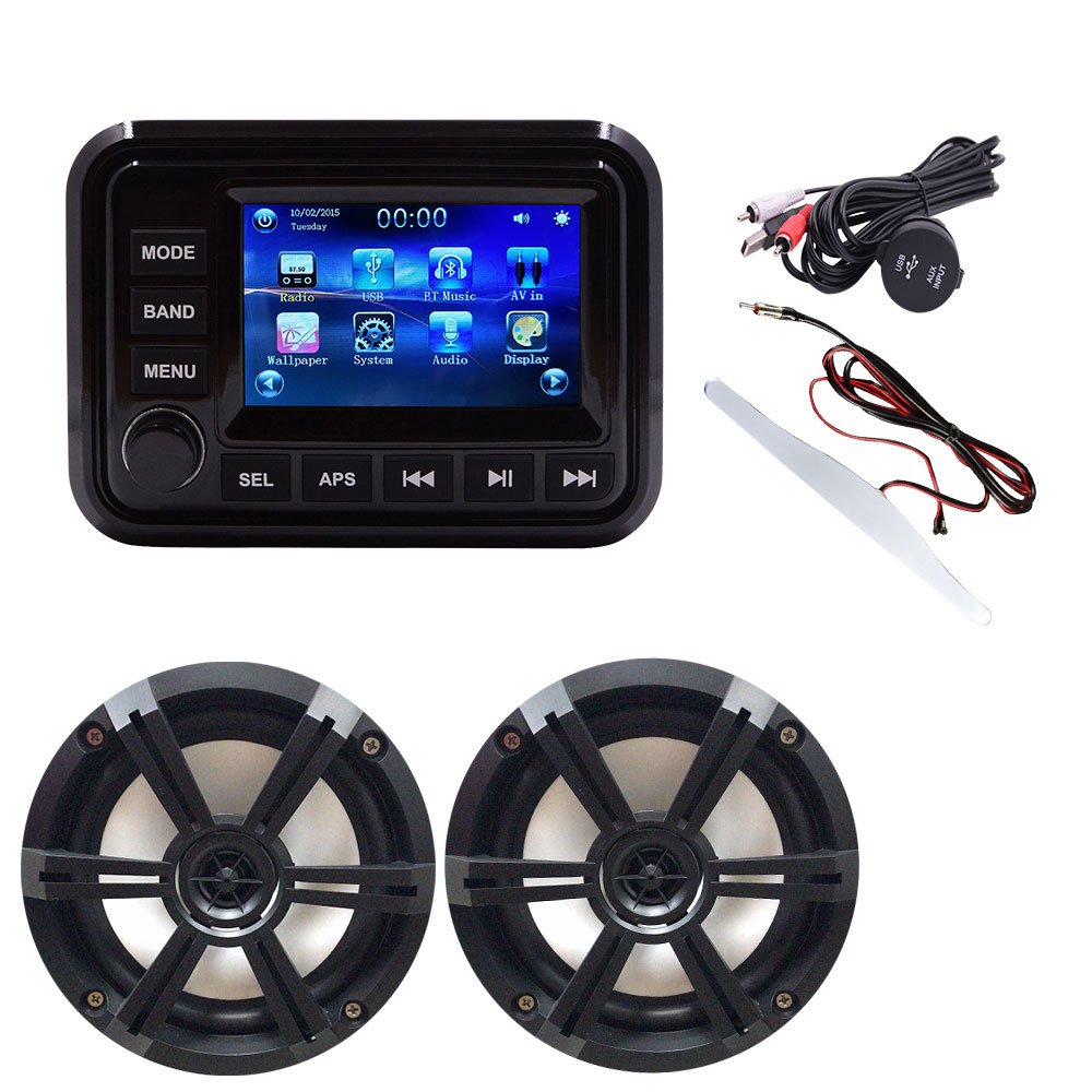 Marine Audio System Stereo Speaker Package, Blue-tooth, MP5 USB AM FM Marine Stereo - 2 X 6.5 Inch Black Speakers, Antenna