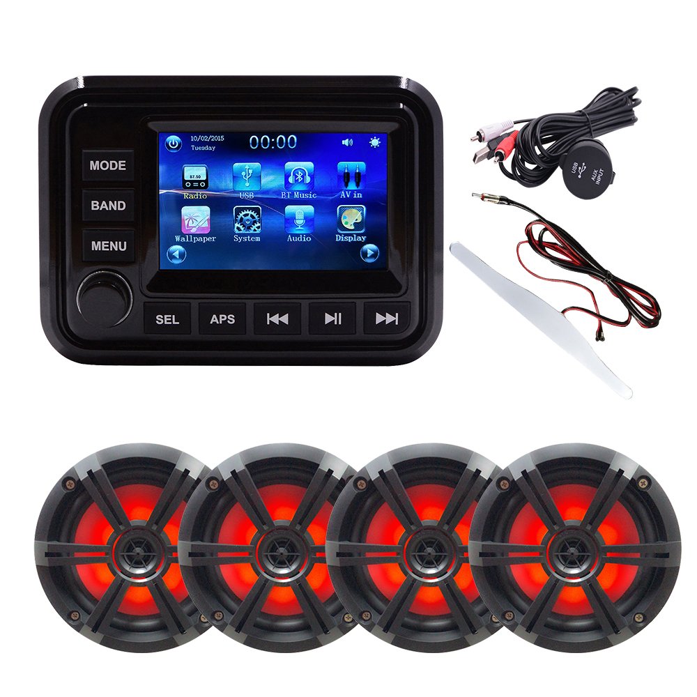 Marine Audio System Stereo Speaker Package, Blue-tooth, MP5 USB AM FM Marine Stereo - 2 X 6.5 Inch Black Speakers, Antenna
