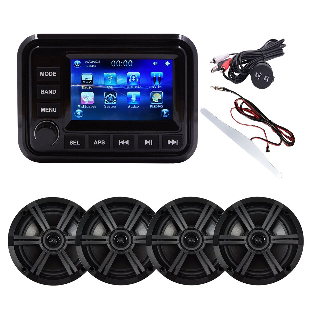 Marine Audio System Stereo Speaker Package, Blue-tooth, MP5 USB AM FM Marine Stereo - 2 X 6.5 Inch Black Speakers, Antenna
