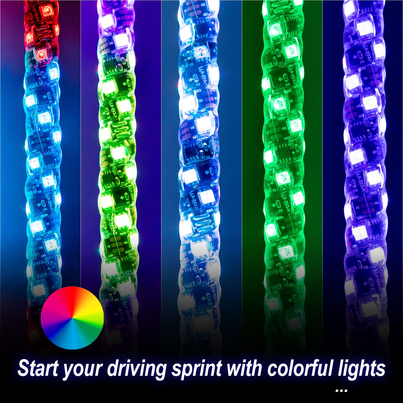 Rgb Led Whip Lights with Flag RF Remote Control 360 Spiral Dancing Chasing Light Antenna Led Whip Lights for UTV ATV