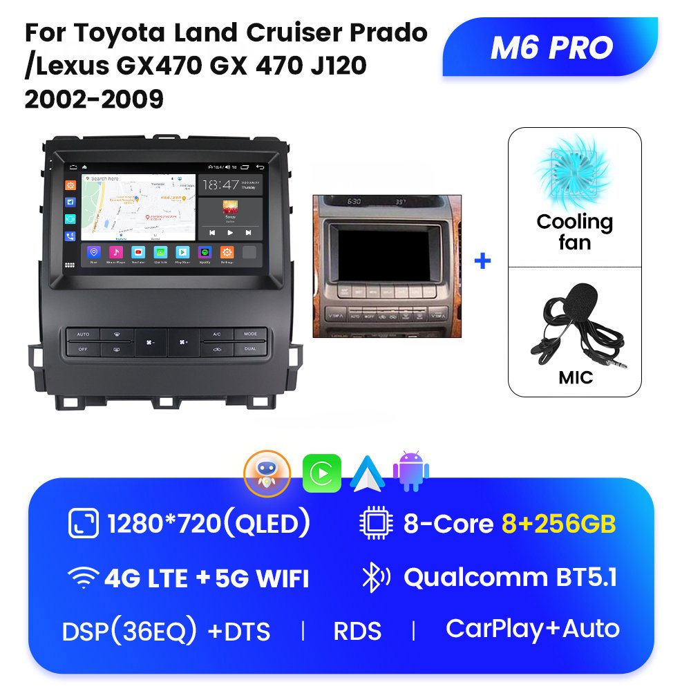 M6 PRO Android 12 Gps Car Video for Toyota Land Cruiser Prado/Lexus GX470 J120 2002-2009 Voice Control Car Radio