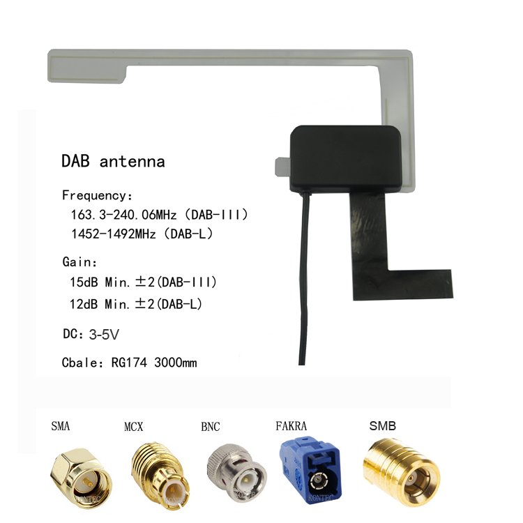 DAB fm am radio Multiband Vehicle-Mounted Antenna Active Transparent Film 3-12V Operation SMB
