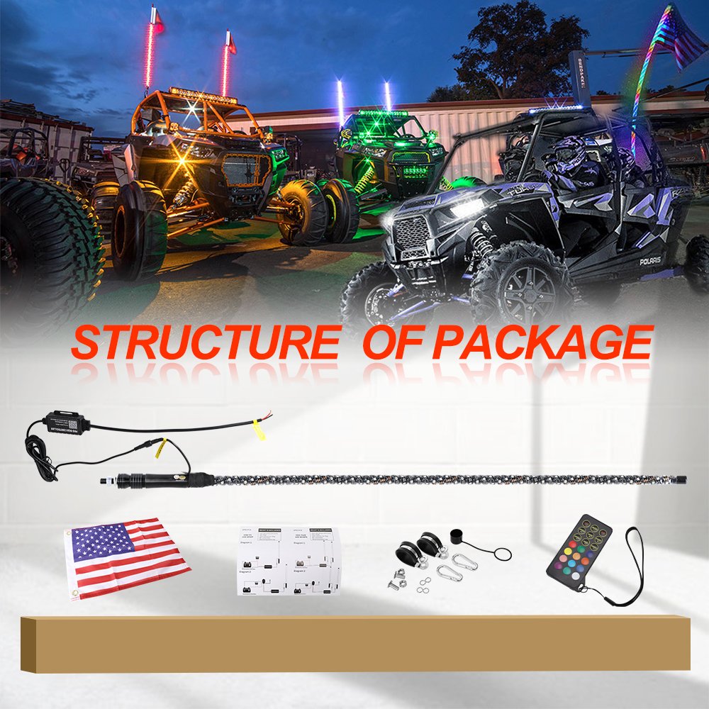 IP67 3ft 90cm Spiral 360 Degree RGB Chasing Led Whip Antenna for RZR