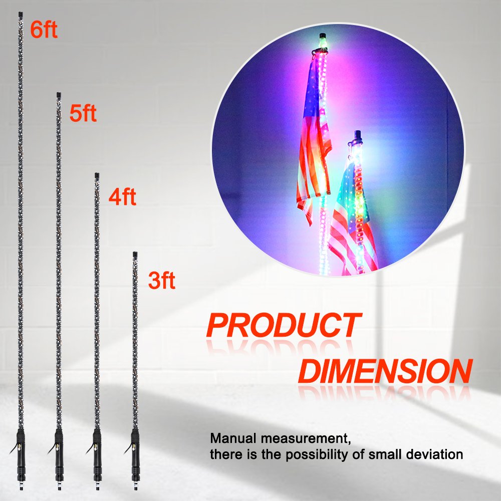 IP67 3ft 90cm Spiral 360 Degree RGB Chasing Led Whip Antenna for RZR
