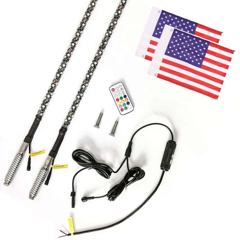 Strong 4FT RGB LED Whip Light Antenna Lamp with USA Flag and Remote for UTV ATV RZR Buggy
