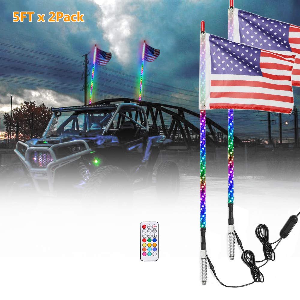Strong 4FT RGB LED Whip Light Antenna Lamp with USA Flag and Remote for UTV ATV RZR Buggy
