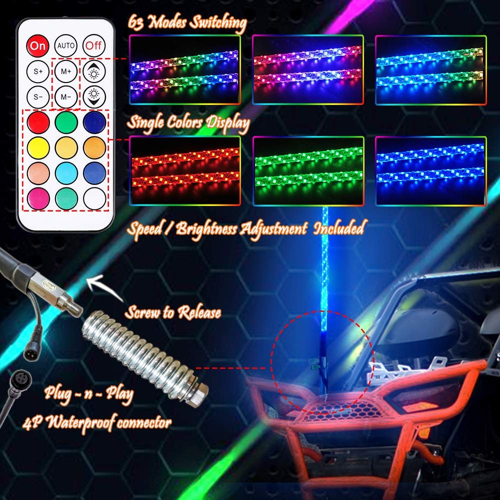Strong 4FT RGB LED Whip Light Antenna Lamp with USA Flag and Remote for UTV ATV RZR Buggy