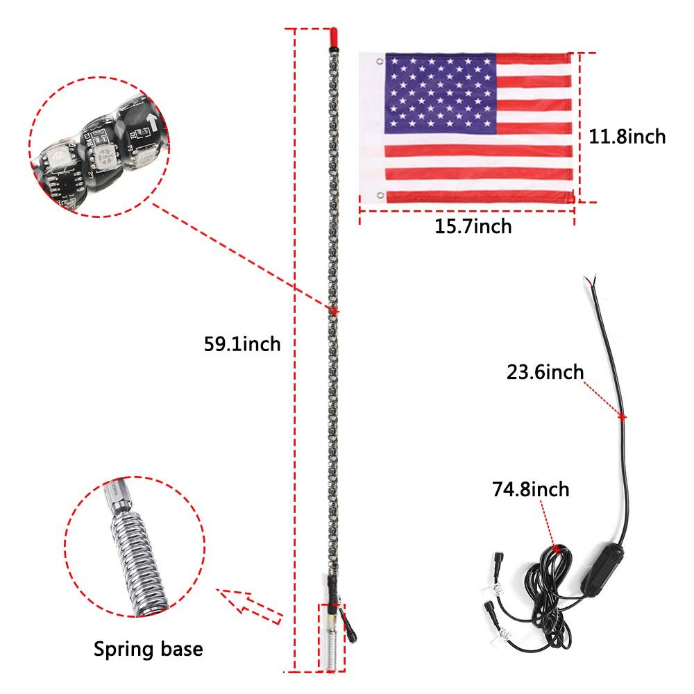 Strong 4FT RGB LED Whip Light Antenna Lamp with USA Flag and Remote for UTV ATV RZR Buggy