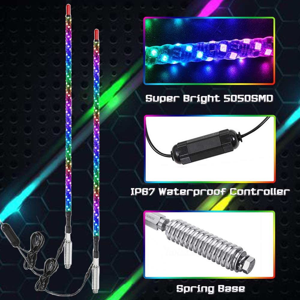 Strong 4FT RGB LED Whip Light Antenna Lamp with USA Flag and Remote for UTV ATV RZR Buggy