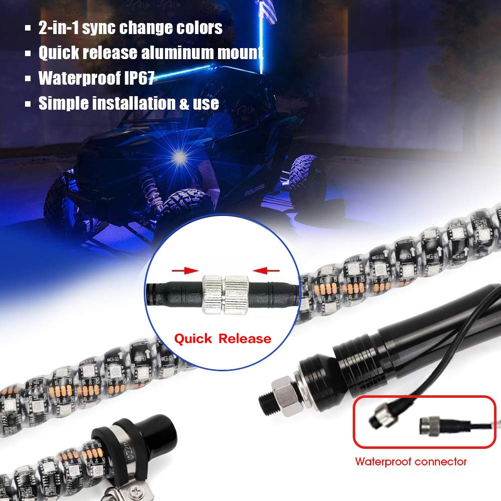 RGB LED Safety Whip Multicolor Chasing Colors Antennas Flag Pole LED Lighted Whip for ATV UTV Buggy RZR Offroad Car