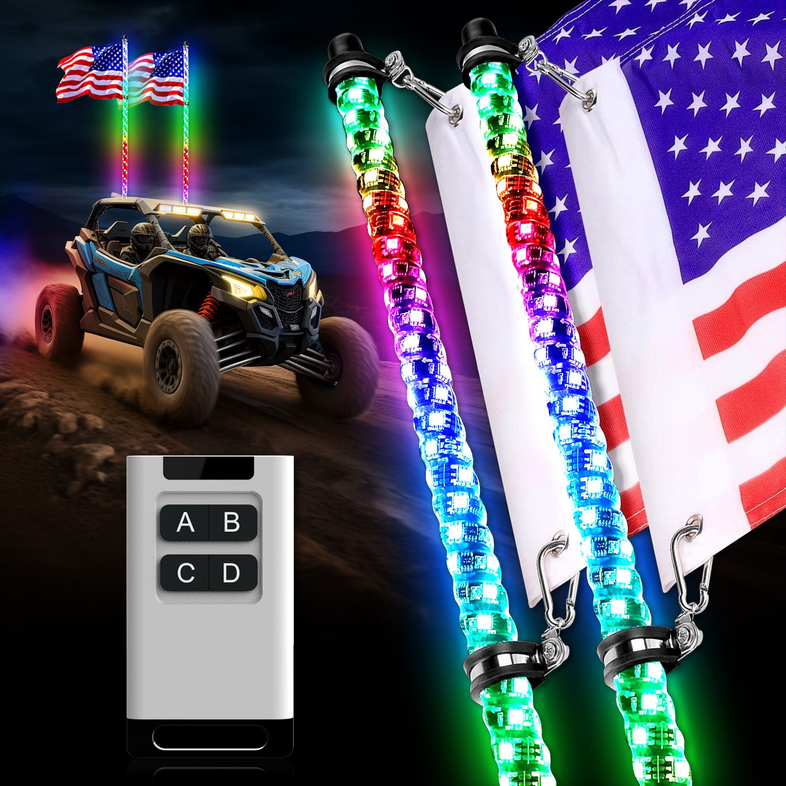 Rgb Led Whip Lights with Flag RF Remote Control 360 Spiral Dancing Chasing Light Antenna Led Whip Lights for UTV ATV