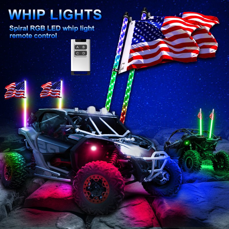 Rgb Led Whip Lights with Flag RF Remote Control 360 Spiral Dancing Chasing Light Antenna Led Whip Lights for UTV ATV