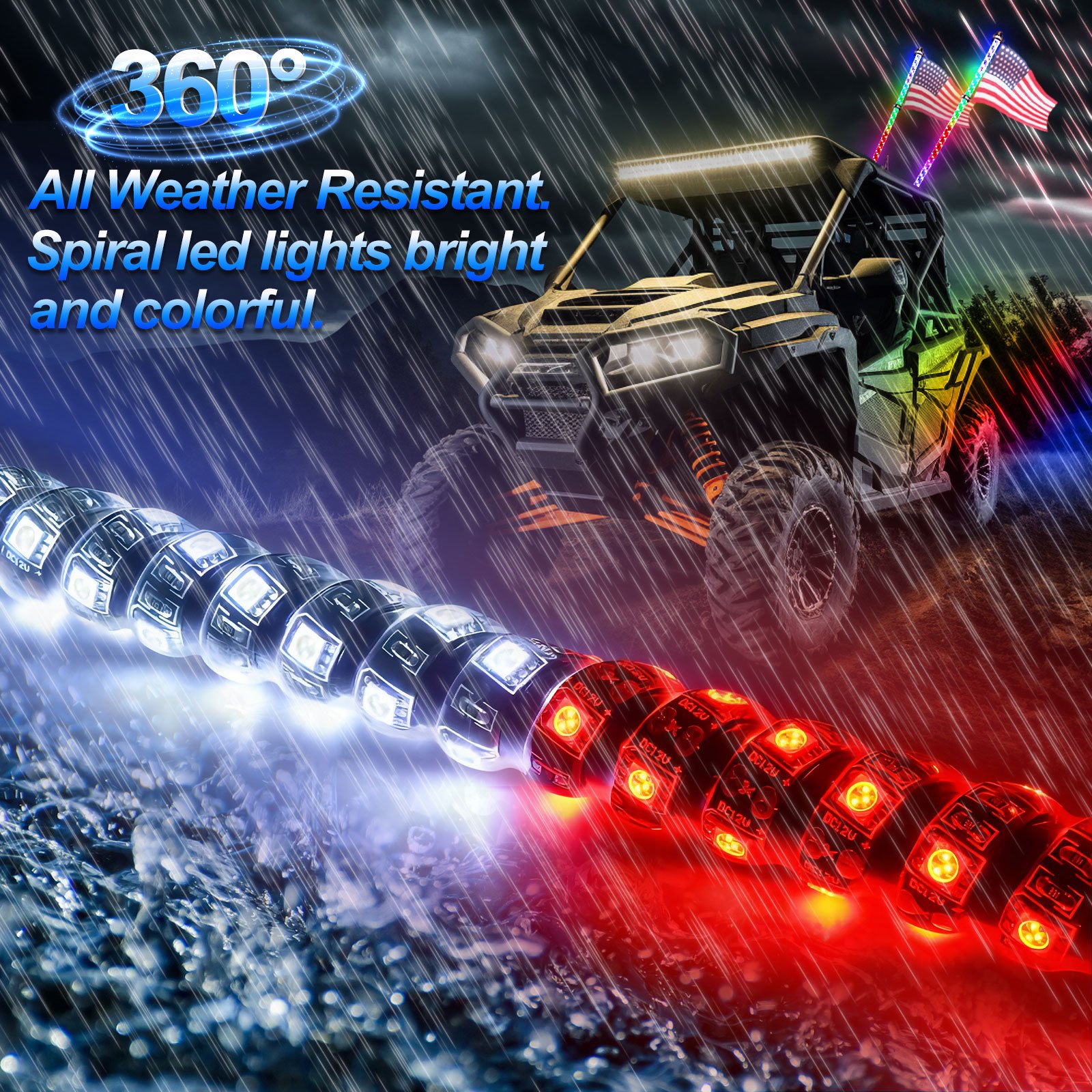 Rgb Led Whip Lights with Flag RF Remote Control 360 Spiral Dancing Chasing Light Antenna Led Whip Lights for UTV ATV