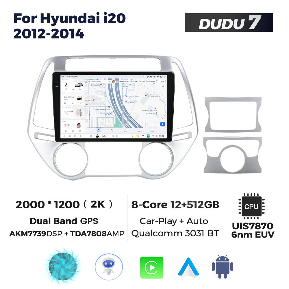 MEKEDE DUDUAUTO GPS Navigation Android Car Radio 12+512GB Car-play Auto Video Player for Hyundai I20 2012-2014