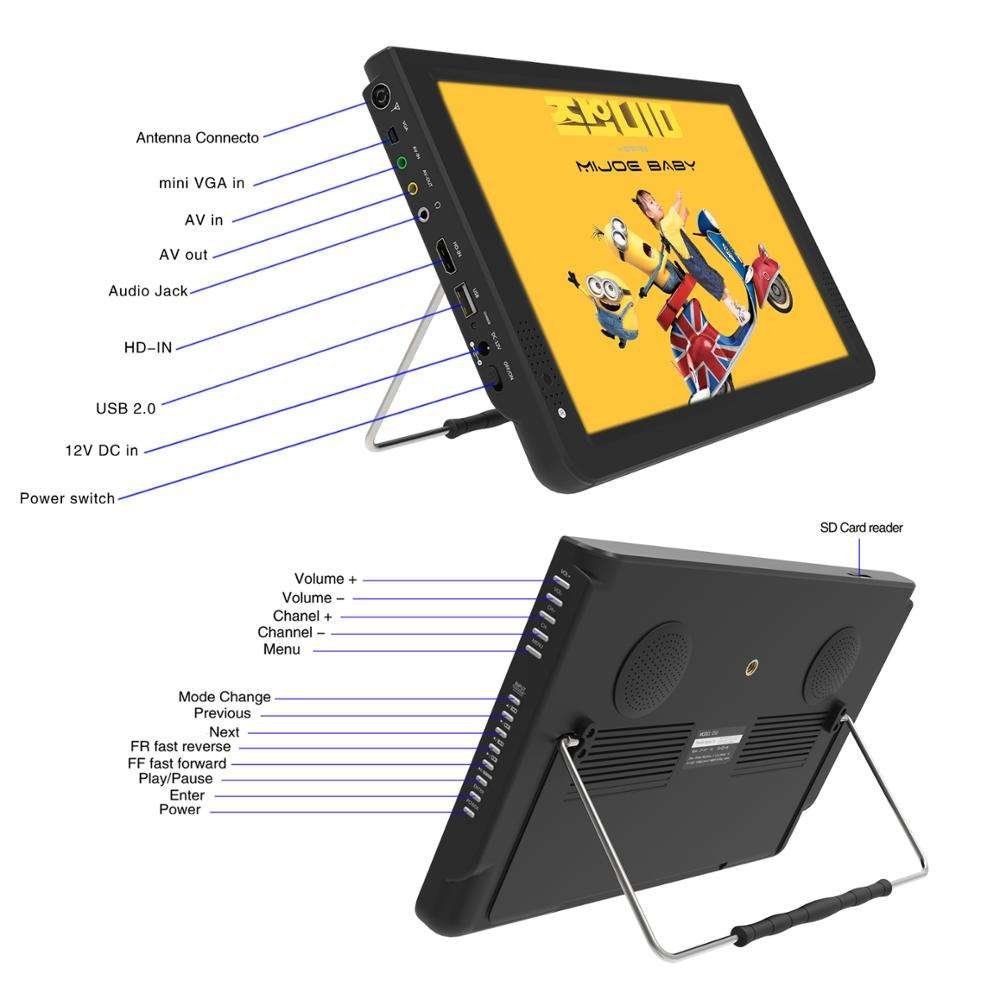 10 "12" 14 "Mini Portable Rechargeable Battery Digital DVBT TV FM Radio USB Car Digital Smart TV