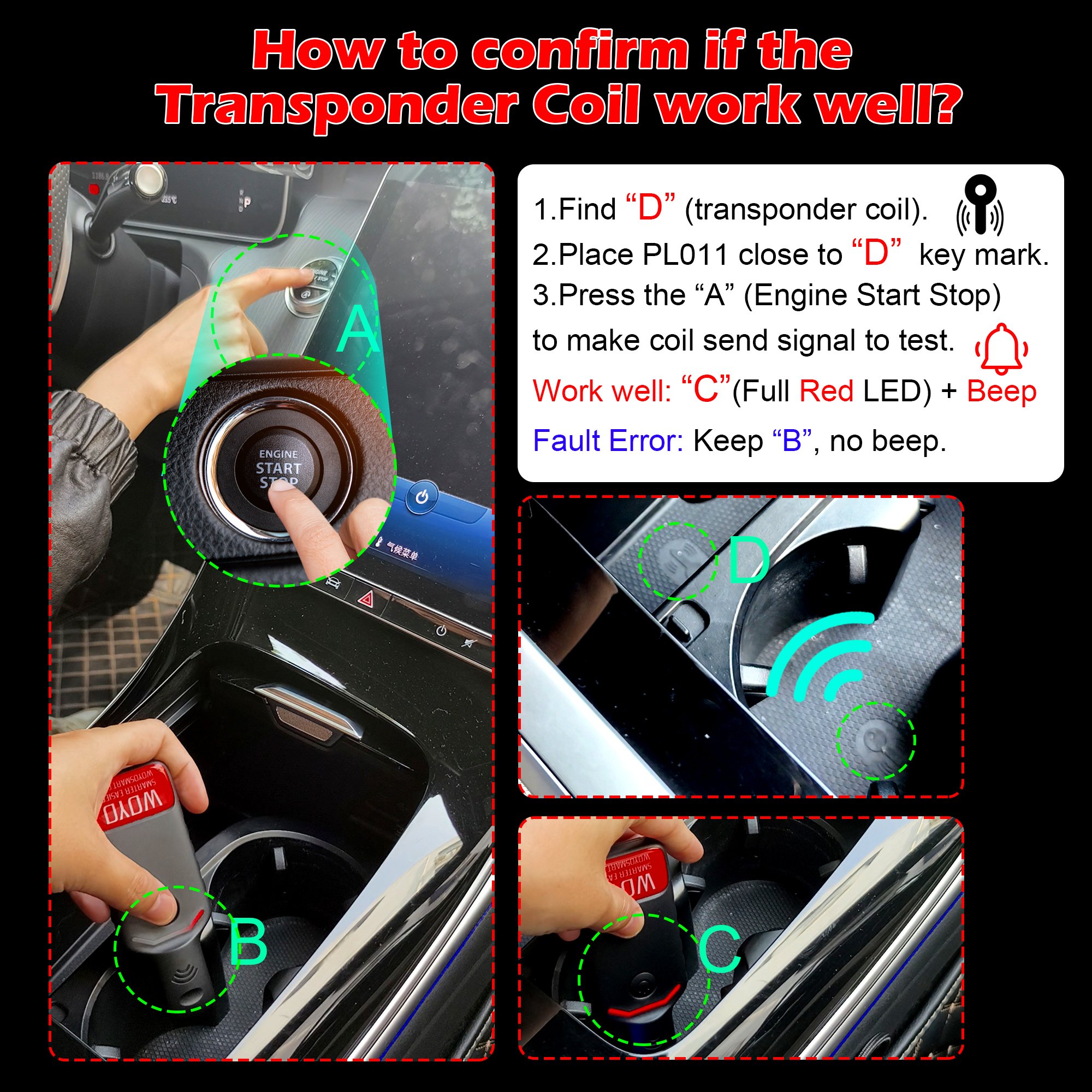 WOYO PL011 PKE LF Locator the System Detects Antenna Coils for One-touch Start Identification Transponder Coil Tester Detector