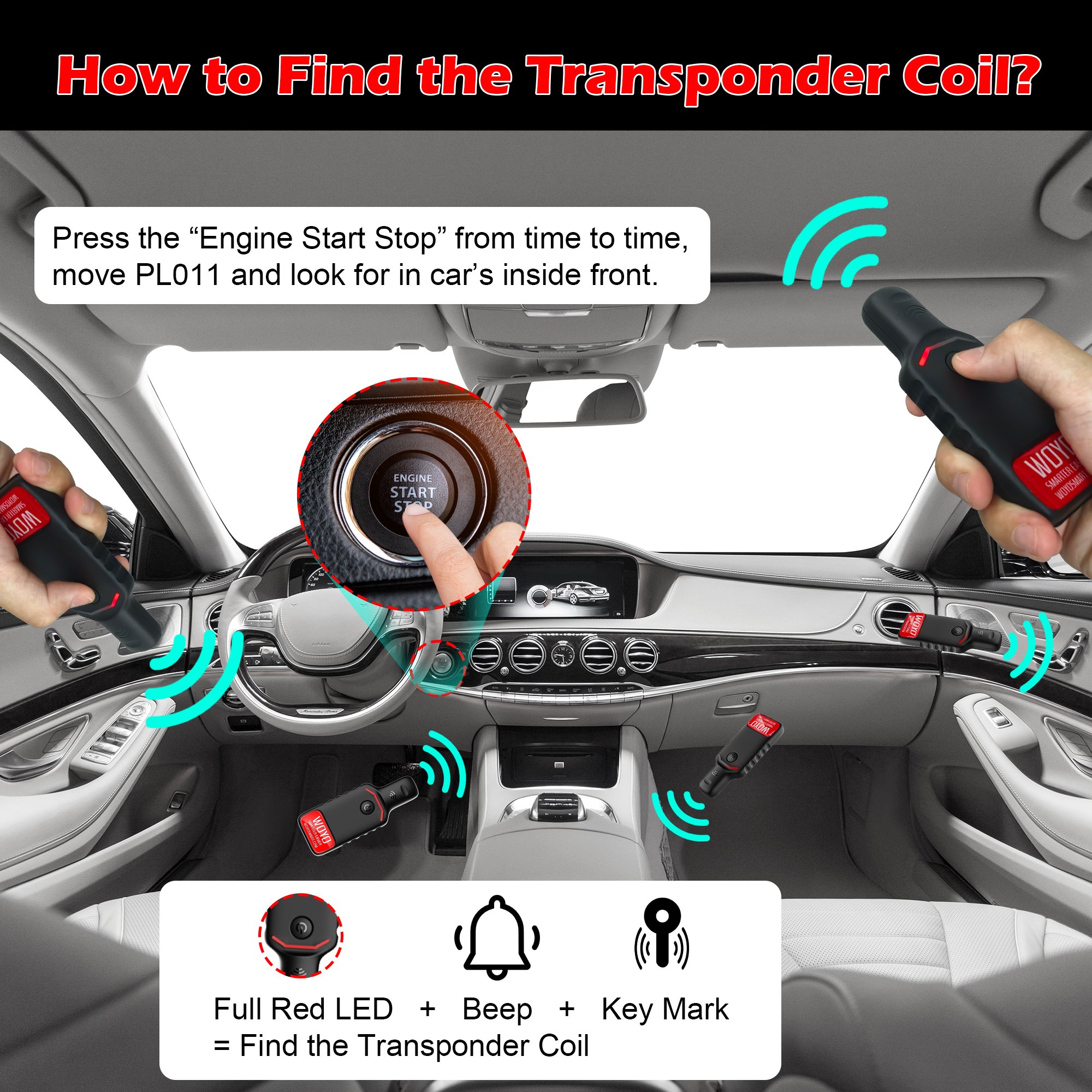 WOYO PL011 PKE LF Locator the System Detects Antenna Coils for One-touch Start Identification Transponder Coil Tester Detector