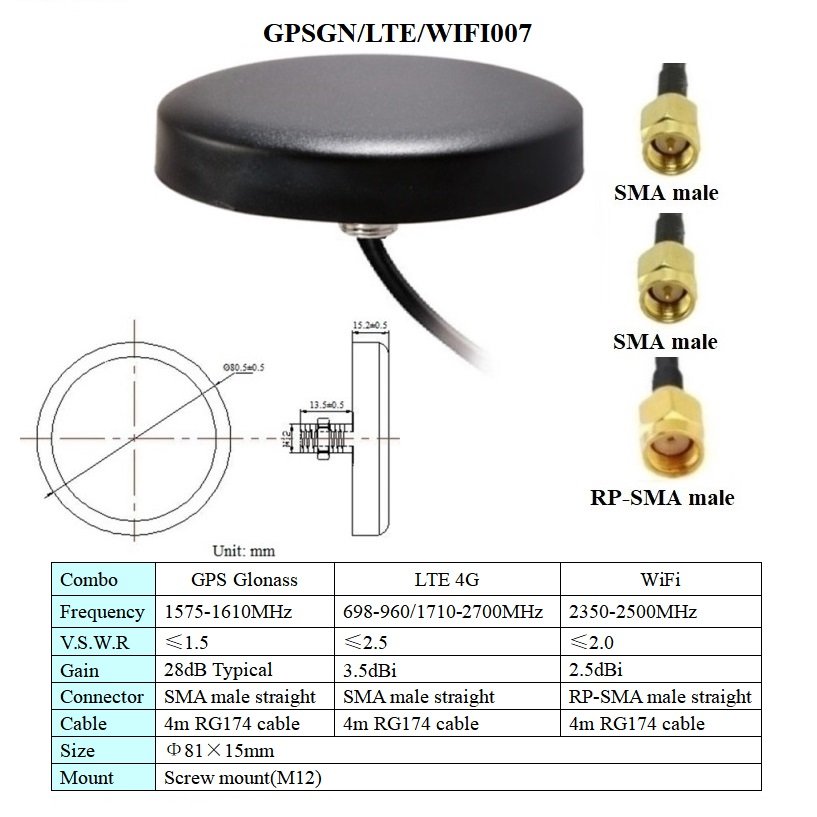gps lte wifi 3 in 1 combination aerial waterproof outdoor magnetic or screw mount GPS glonass lte 4g wifi combo car antenna
