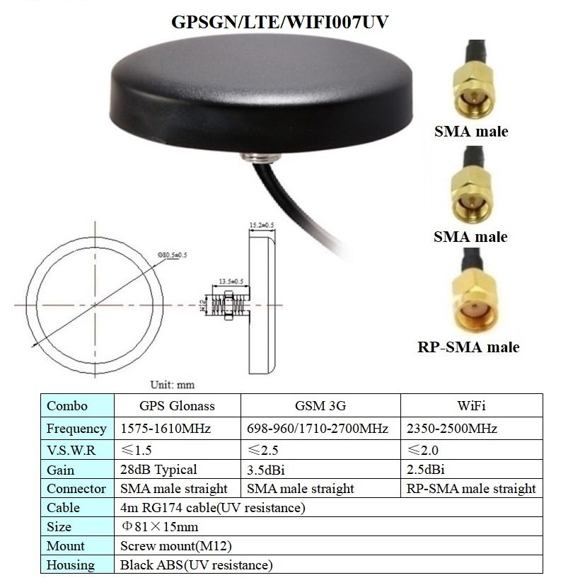 gps lte wifi 3 in 1 combination aerial waterproof outdoor magnetic or screw mount GPS glonass lte 4g wifi combo car antenna