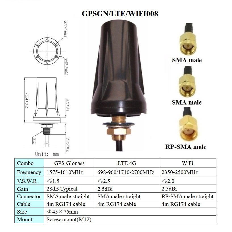 gps lte wifi 3 in 1 combination aerial waterproof outdoor magnetic or screw mount GPS glonass lte 4g wifi combo car antenna