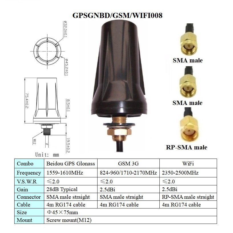 beidou gps gsm wifi 3 in 1 combined aerial waterproof magnetic or screw mount beidou GPS glonass gsm 3g wifi combo car antenna