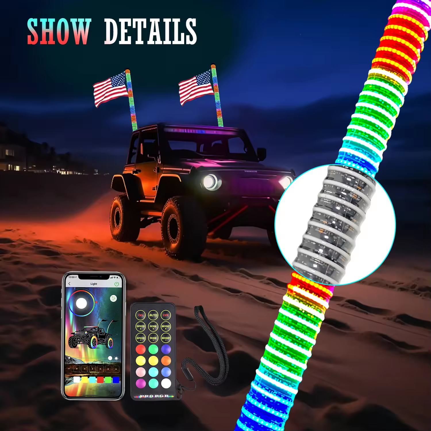 1FT-3FT Fatty Spiral Chasing RGB Dancing Dream Color COB LED Lighted Antenna for Golf Cart UTV ATV SXS Offroad