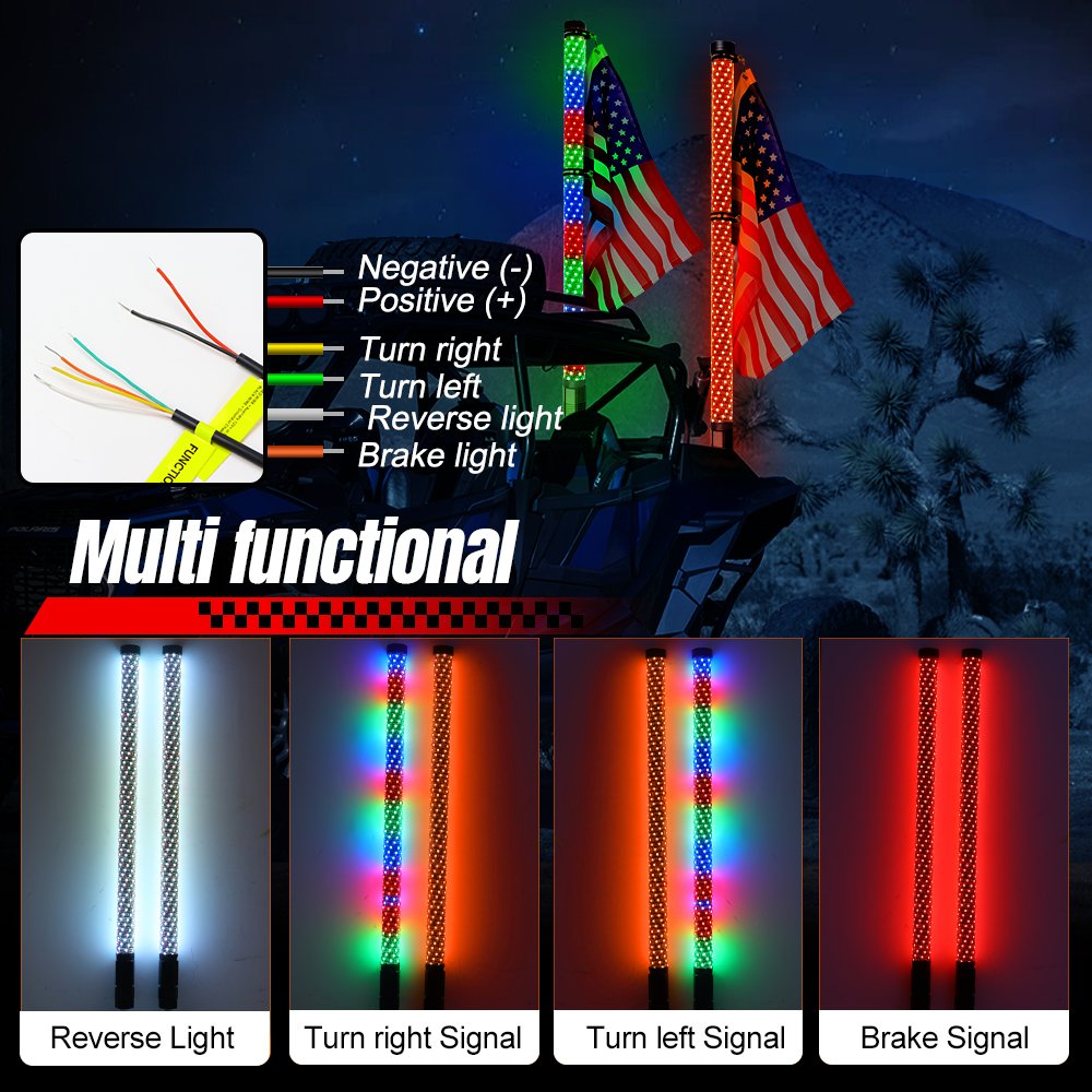 2PCS 3FT LED Whip Light 360 Spiral RGB Chasing Whip Light with Flag Remote Control for UTV ATV Antenna Waterproof Warning Light