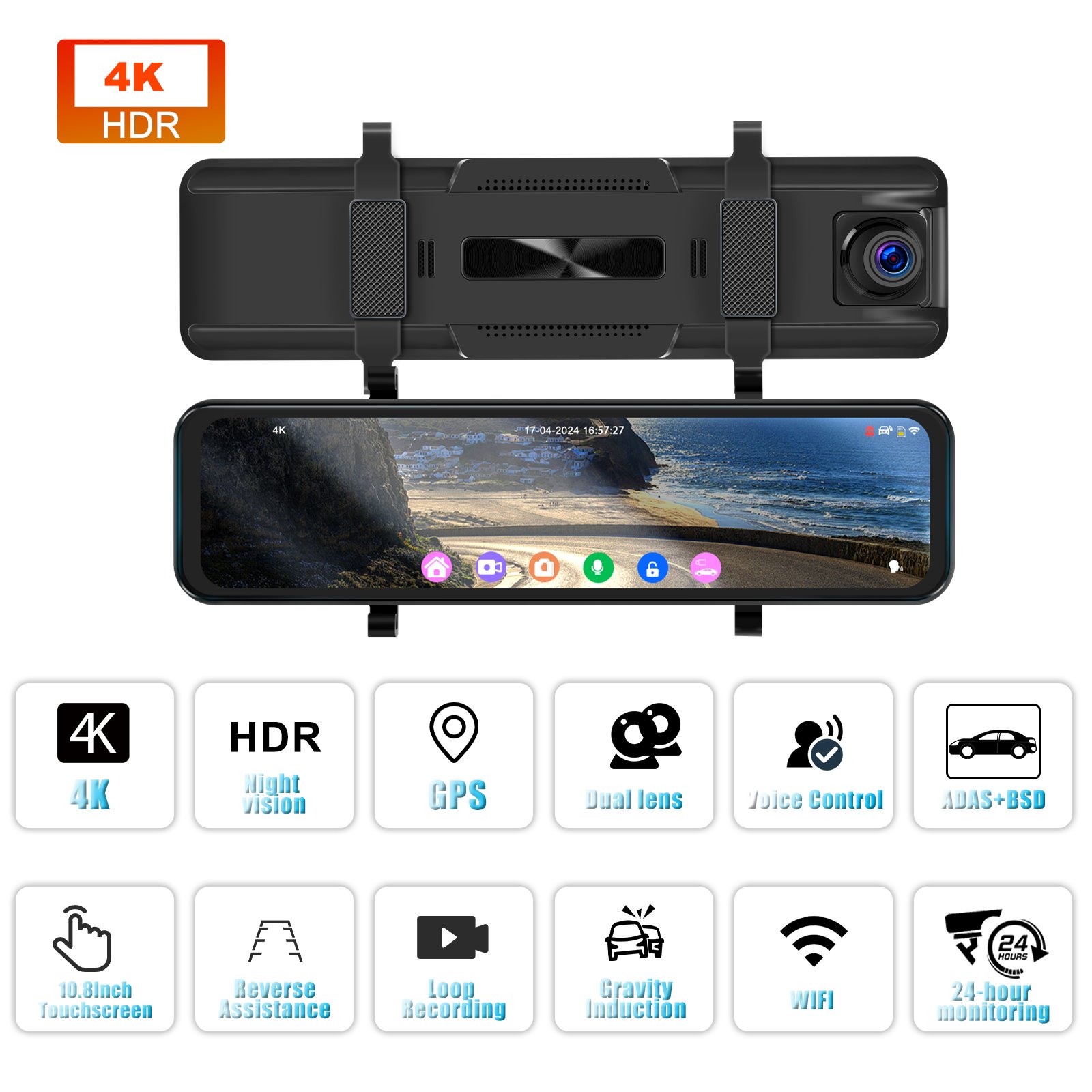 Podofo 10.8 Inch 4K DVR WIFI Dual Lens Mirror Monitor 1080P Rear View Dash Camera Recorder GPS/G-Sensor/BSD/ADAS/Voice Control