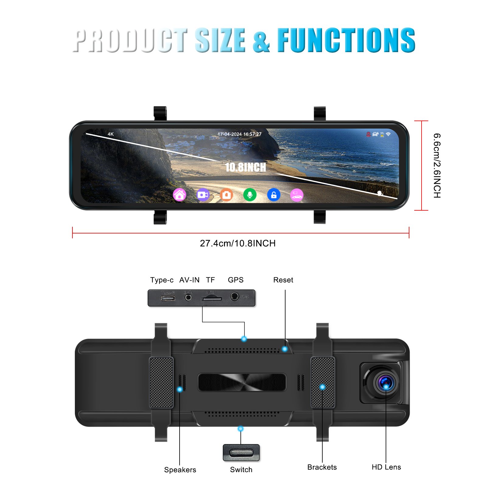 Podofo 10.8 Inch 4K DVR WIFI Dual Lens Mirror Monitor 1080P Rear View Dash Camera Recorder GPS/G-Sensor/BSD/ADAS/Voice Control