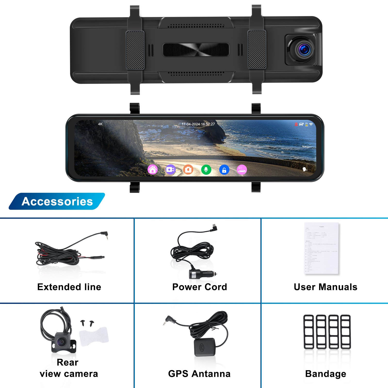 Podofo 10.8 Inch 4K DVR WIFI Dual Lens Mirror Monitor 1080P Rear View Dash Camera Recorder GPS/G-Sensor/BSD/ADAS/Voice Control