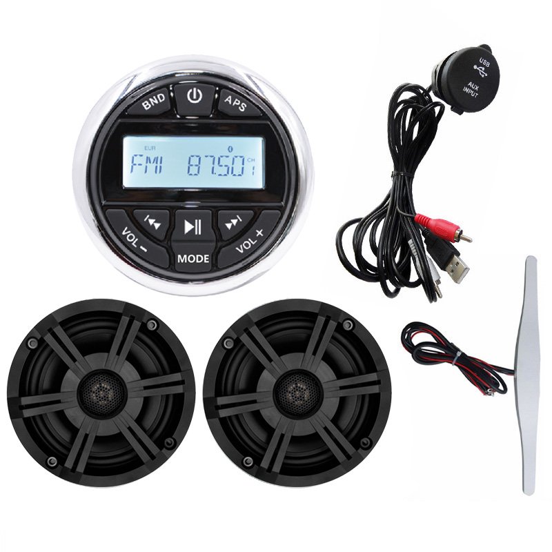 Marine Audio Package Gauge Stereo BT Motorcycle Radio with 6.5 Marine Speakers and Antenna USB Cable
