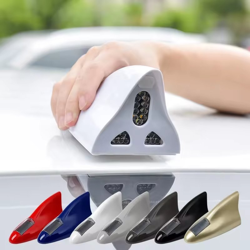 Solar Energy Car Shark Fin Antenna Auto Radio Signal Aerials Roof Antennas Driving Safety Warning Light Universal LED Light