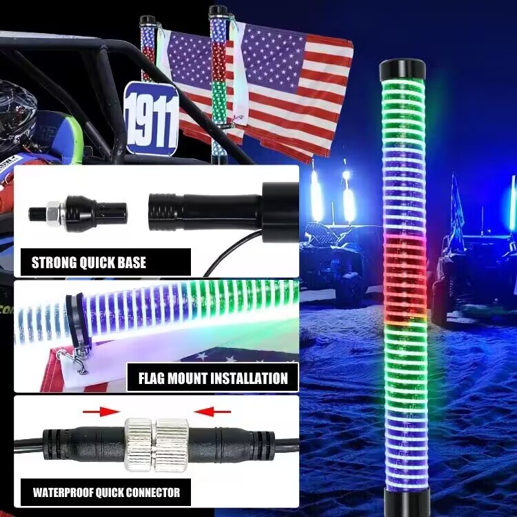 RGB Chasing Dancing Spiral COB 2 FT Fat Led Whip Lights Thick Antenna LED Whip Lights for RZR Can Am Polaris UTV ATV Pickup