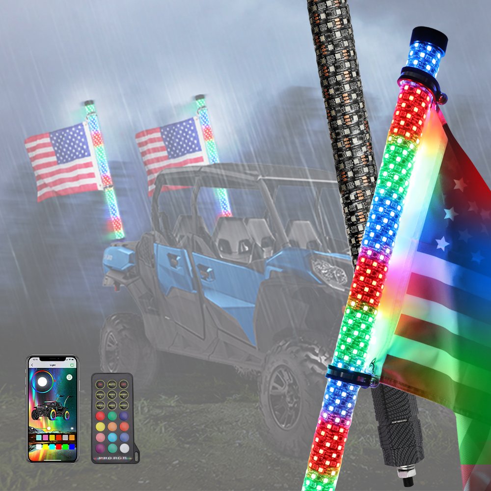 APP Remote Control Dual Mode LED Antenna Truck Car UTV Polaris RZR X3 2FT 3FT Fat Whip Light