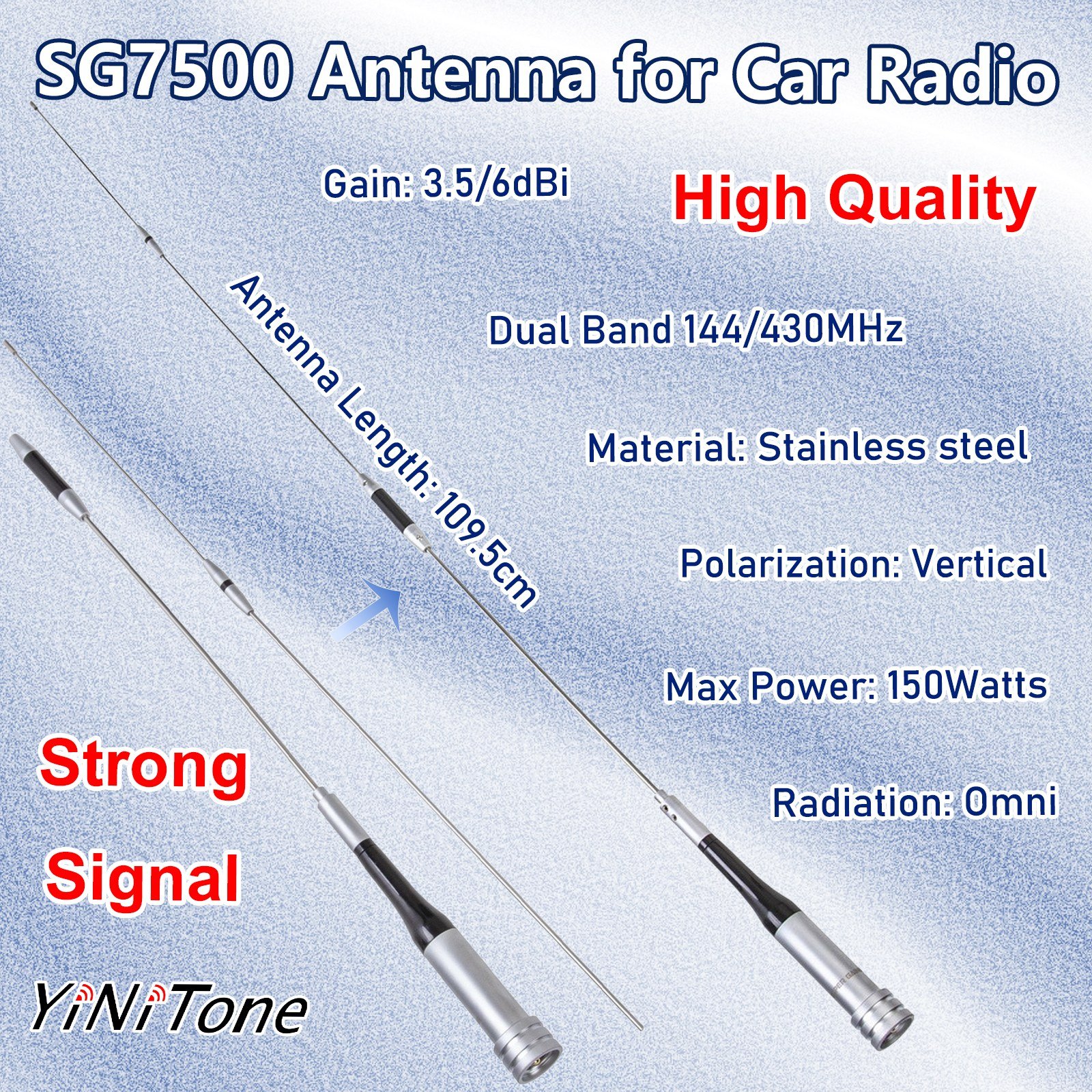 SG-7500 Stainless Steel Dual Band Antenna for Amateur Car Mobile Radio 144/430MHz UHF/VHF 150W High Gain 3.5/6.0dBi Antenna