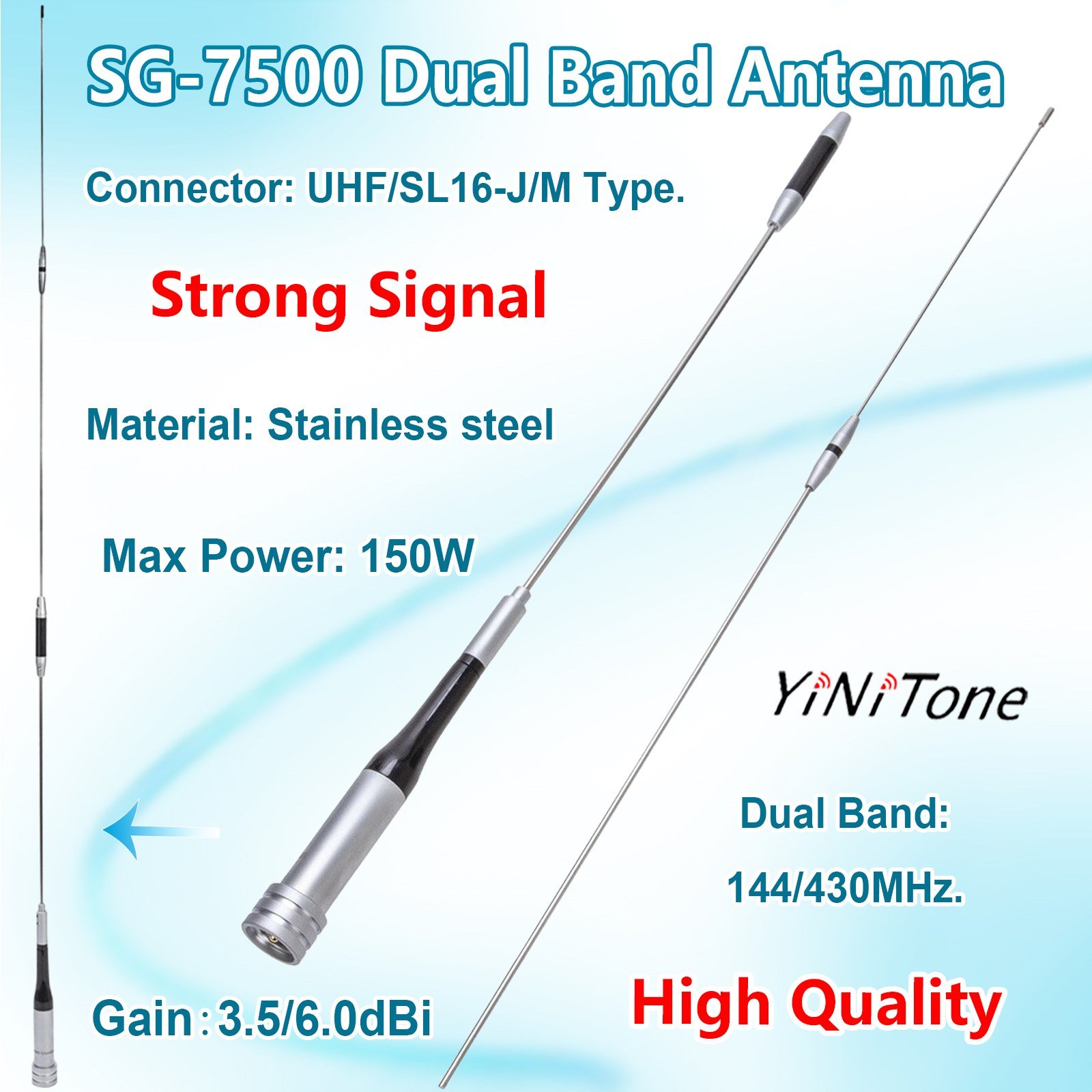 SG-7500 Stainless Steel Dual Band Antenna for Amateur Car Mobile Radio 144/430MHz UHF/VHF 150W High Gain 3.5/6.0dBi Antenna