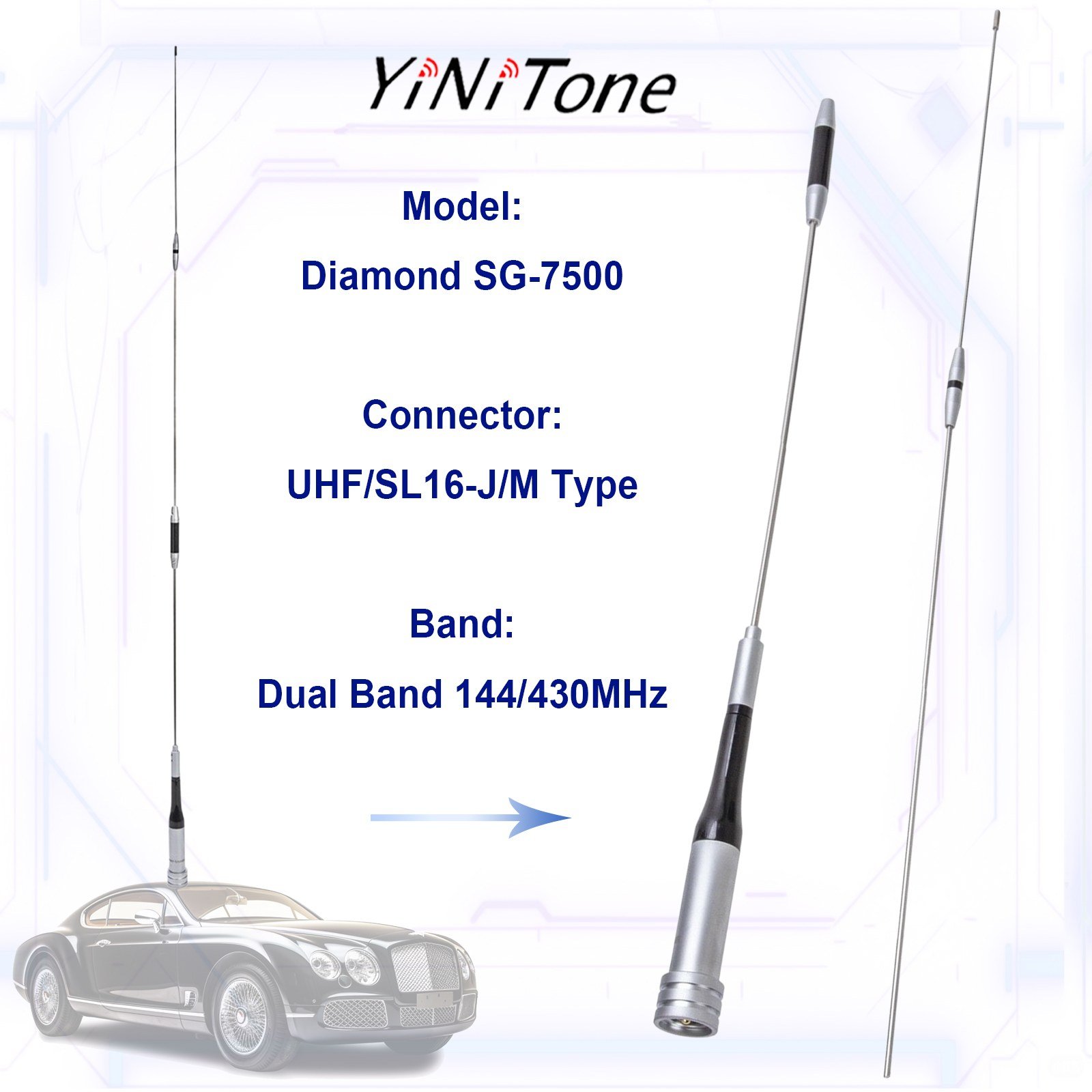 SG-7500 Stainless Steel Dual Band Antenna for Amateur Car Mobile Radio 144/430MHz UHF/VHF 150W High Gain 3.5/6.0dBi Antenna