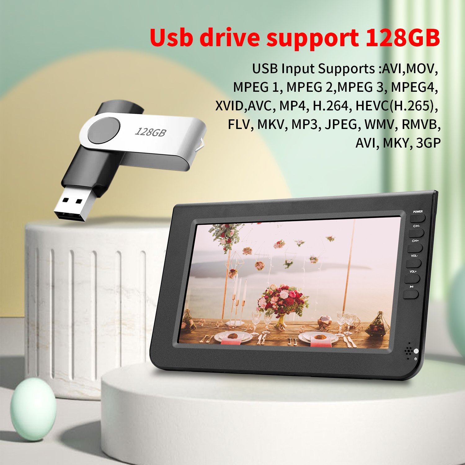 10.1 Inch LED KCR Mini TV Rechargeable Battery Support Digital ATSC DVB-T2 ISDB-T Portable TV