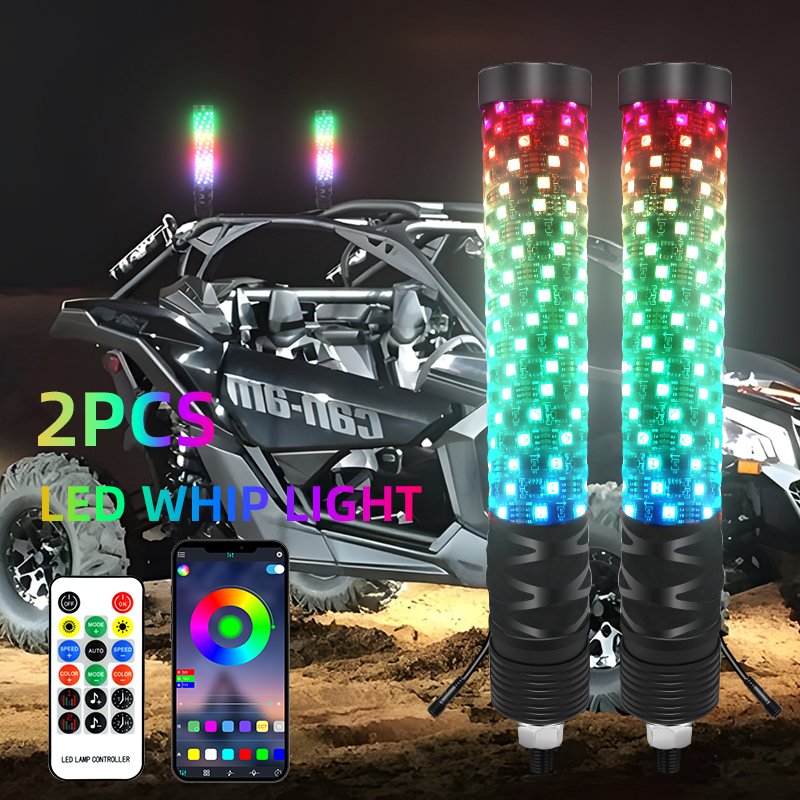 2pcs 1ft 2.2ft Hyper Fat Mining Buggi Spiral Rgb Off-road Atv Utv Truck Antenna Rzr Automotive Led Flag Pole Whip Lights