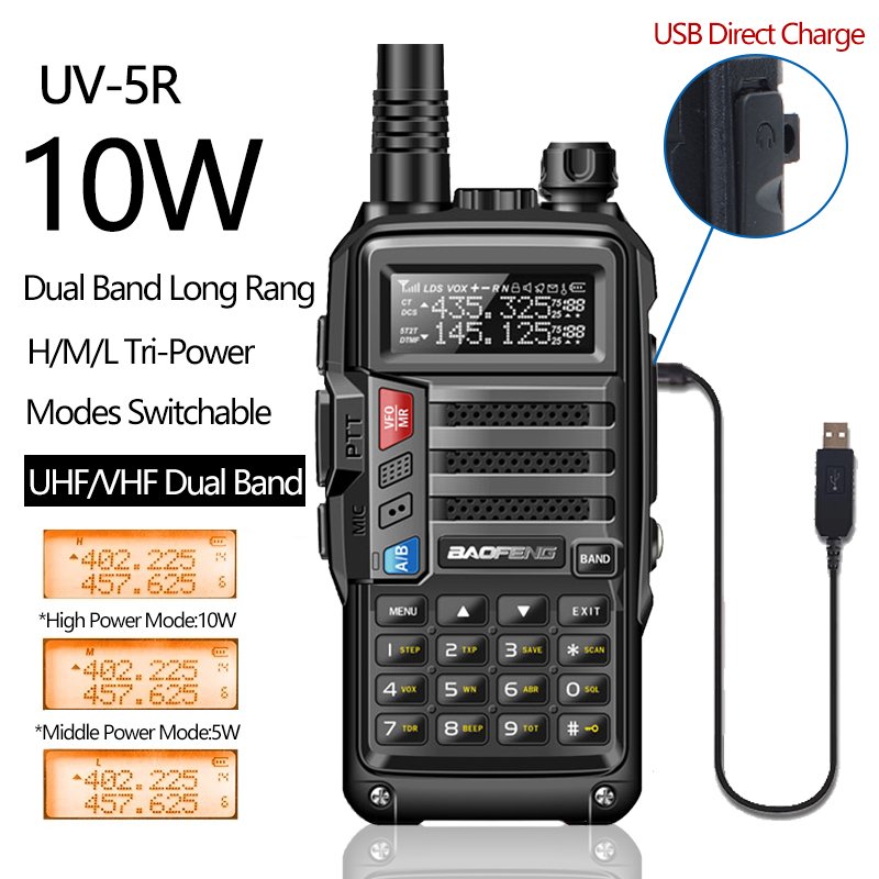 Baofeng UV-5R+plus 10W Powerful 30km Long Range Walkie Talkie Tri-power 10/5/1Watts CB Ham Portable Radio UV5R for Hunting UV-10