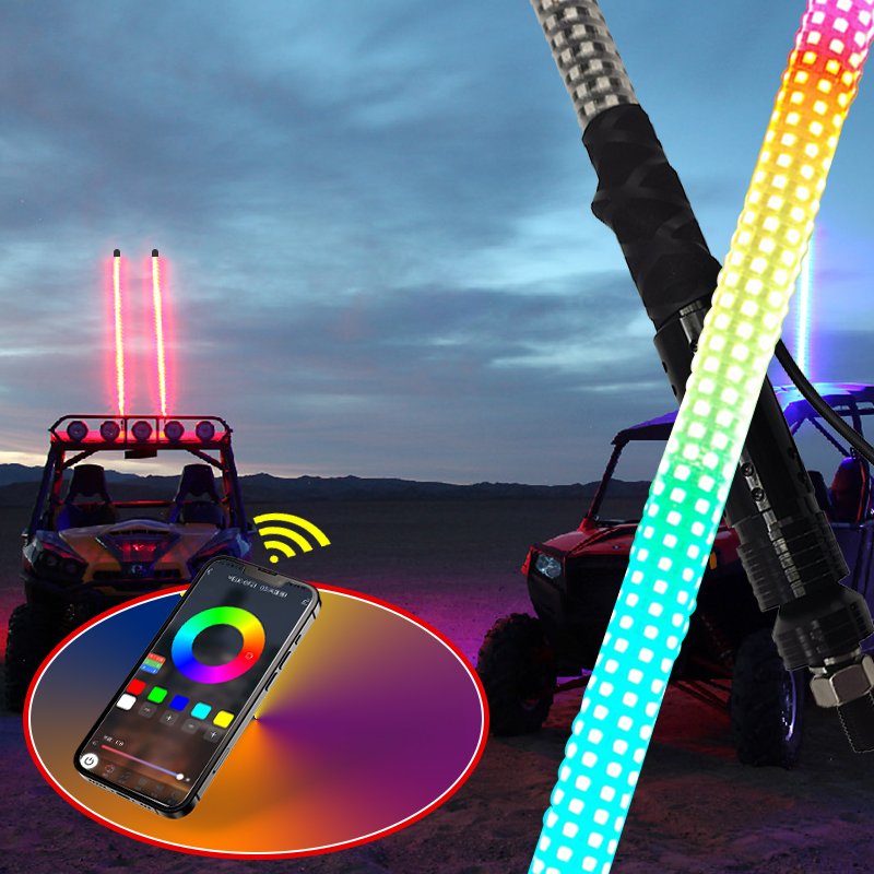 3FT LED Whip Lights for UTV RGB Chasing Dancing Light Remote Control APP 600 Color Mode Combinations UTV ATV Truck Dune Buggy