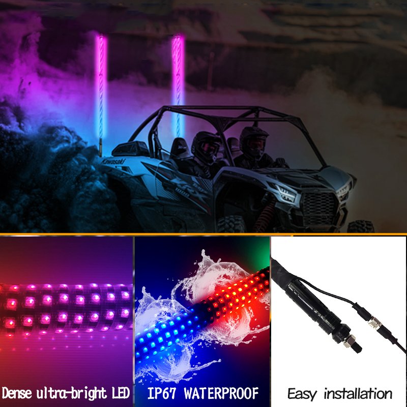 3FT LED Whip Lights for UTV RGB Chasing Dancing Light Remote Control APP 600 Color Mode Combinations UTV ATV Truck Dune Buggy