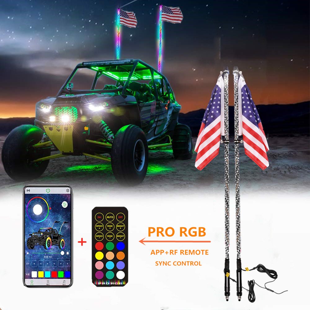 2ft-6ft Safety Whip Chasing Colors LED Lighted Whip Antennas Flag Light for ATV UTV Buggy RZR Offroad Cars