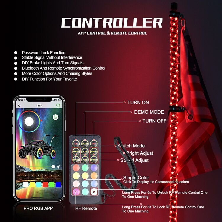 2ft-6ft Safety Whip Chasing Colors LED Lighted Whip Antennas Flag Light for ATV UTV Buggy RZR Offroad Cars