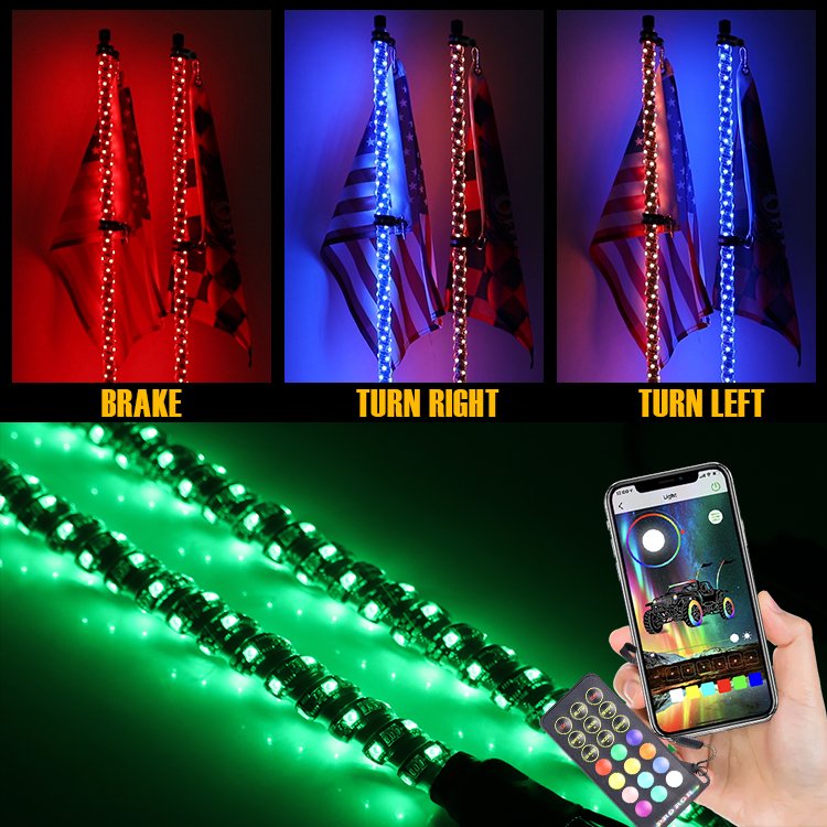2ft-6ft Safety Whip Chasing Colors LED Lighted Whip Antennas Flag Light for ATV UTV Buggy RZR Offroad Cars