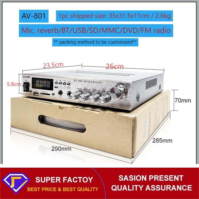AV-801 Mic. Reverb Digital Stereo Amplifier with BT/USB/SD/MMC/DVD Input & FM Radio with Antenna.