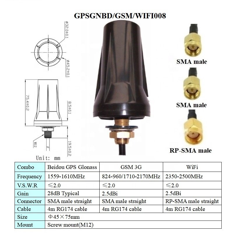 beidou gps gsm wifi 3 in 1 combined aerial waterproof magnetic or screw mount beidou GPS glonass gsm 3g wifi combo car antenna