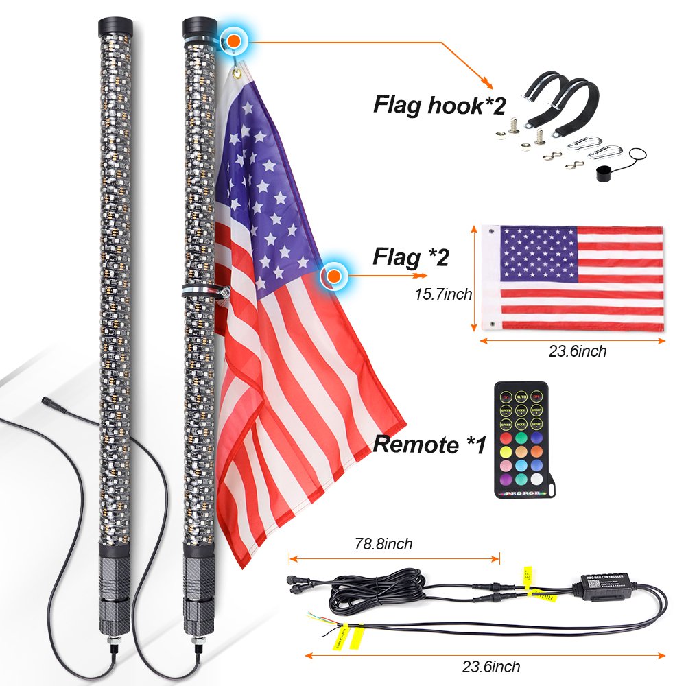 2FT Fat Whip Lights UTV Whip Lights High Brightness Antenna Whips with Steering Brake and Reverse Fit for Offroad ATV RZR Truck